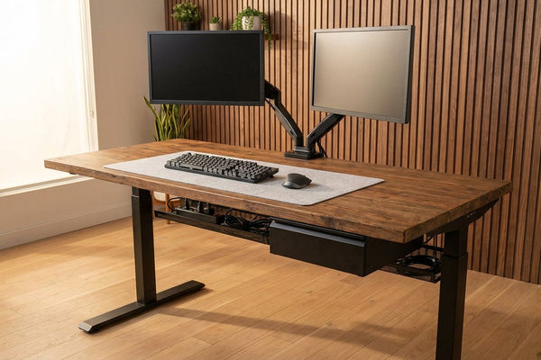 Setup de bureau complet : bureau assis-debout, deux écrans sur bras articulé, tiroir et plateau à câbles sous le plateau