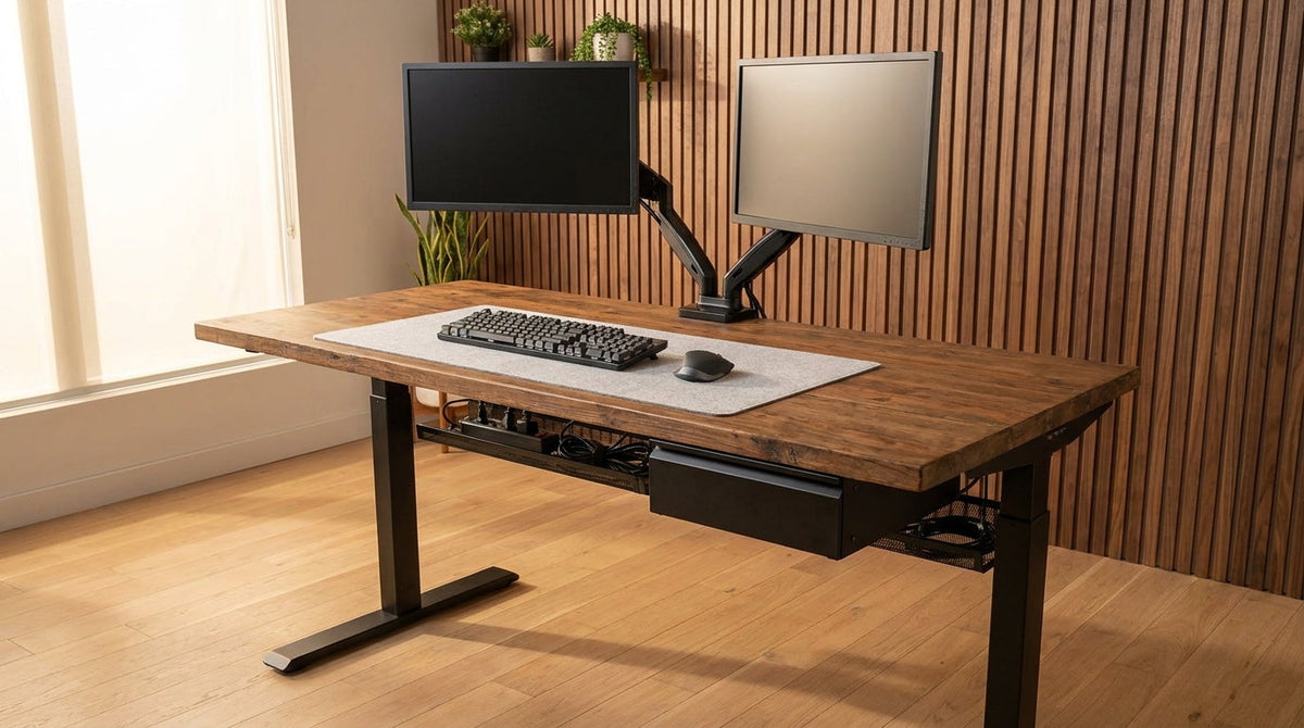 Setup de bureau complet : bureau assis-debout, deux écrans sur bras articulé, tiroir et plateau à câbles sous le plateau